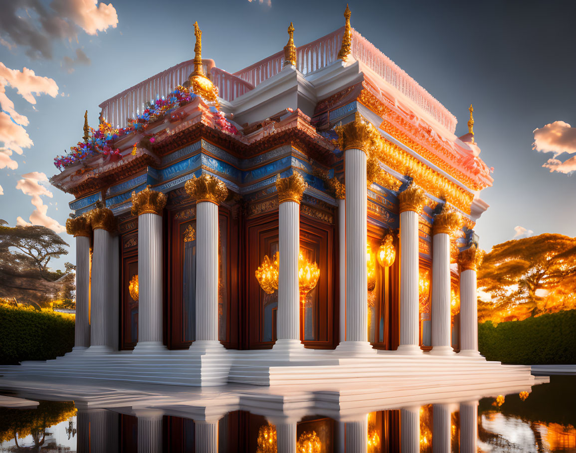 Ornate temple with classical columns and colorful roofs at sunset