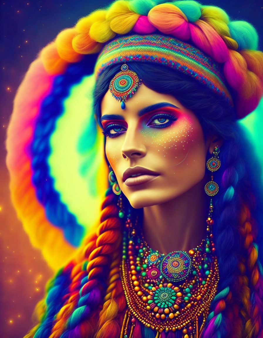 Colorful portrait of woman with rainbow hair and bohemian jewelry on psychedelic backdrop