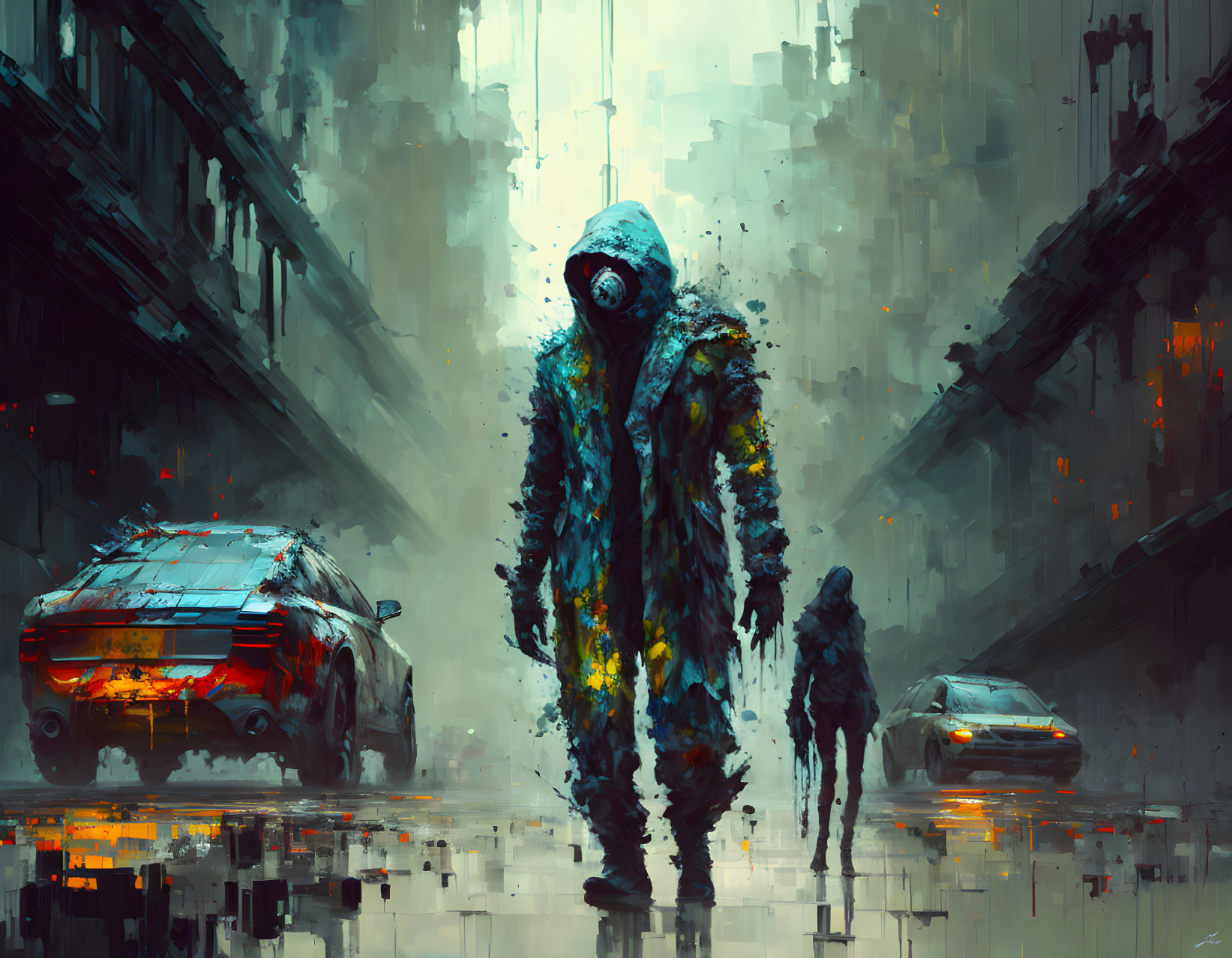 Hooded figure in futuristic urban alley with neon-lit cars