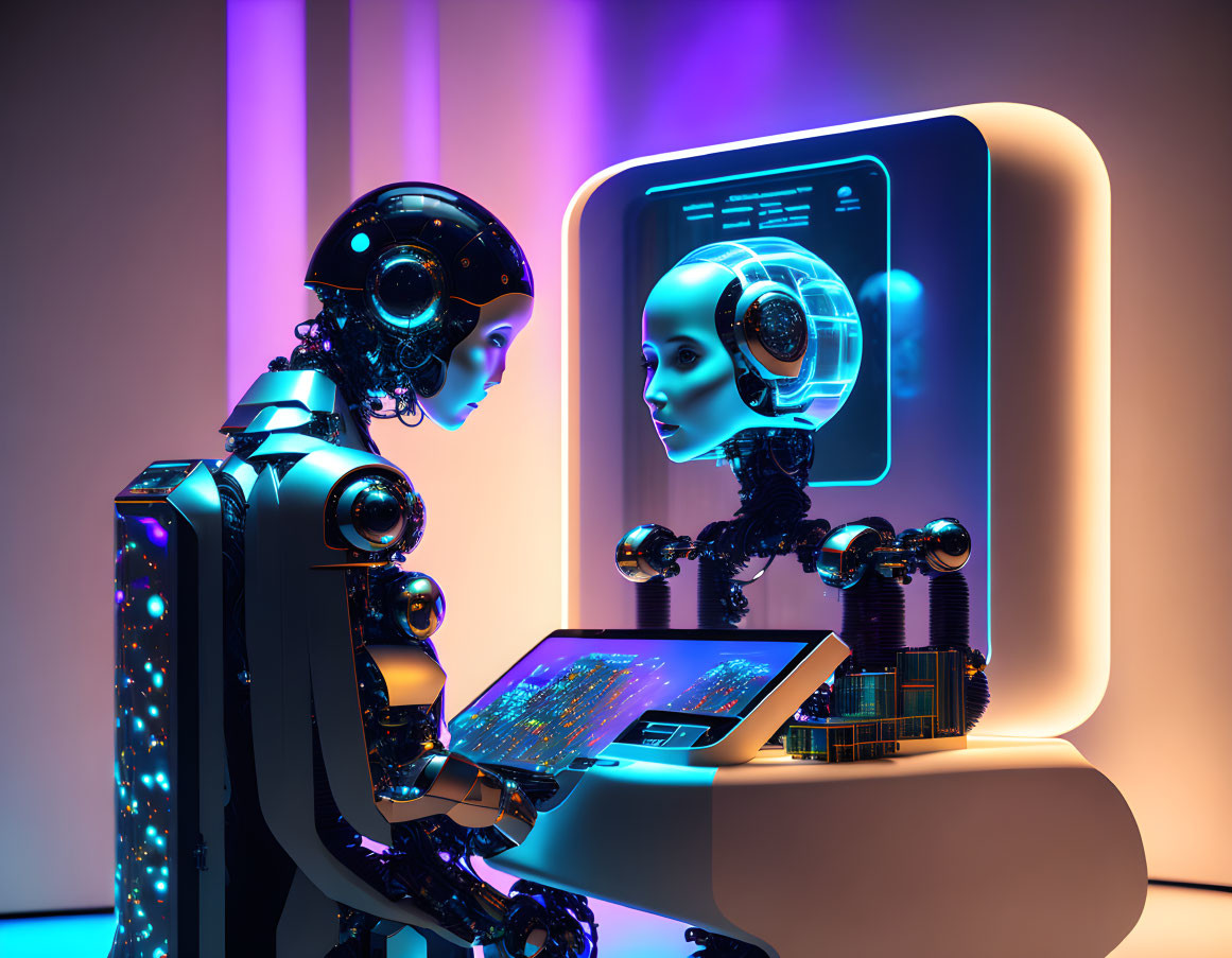 Futuristic robots with digital tablet and hologram in purple-blue lit room