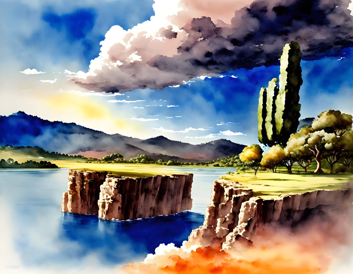 Tranquil lake with cliffs, greenery, hills - watercolor landscape