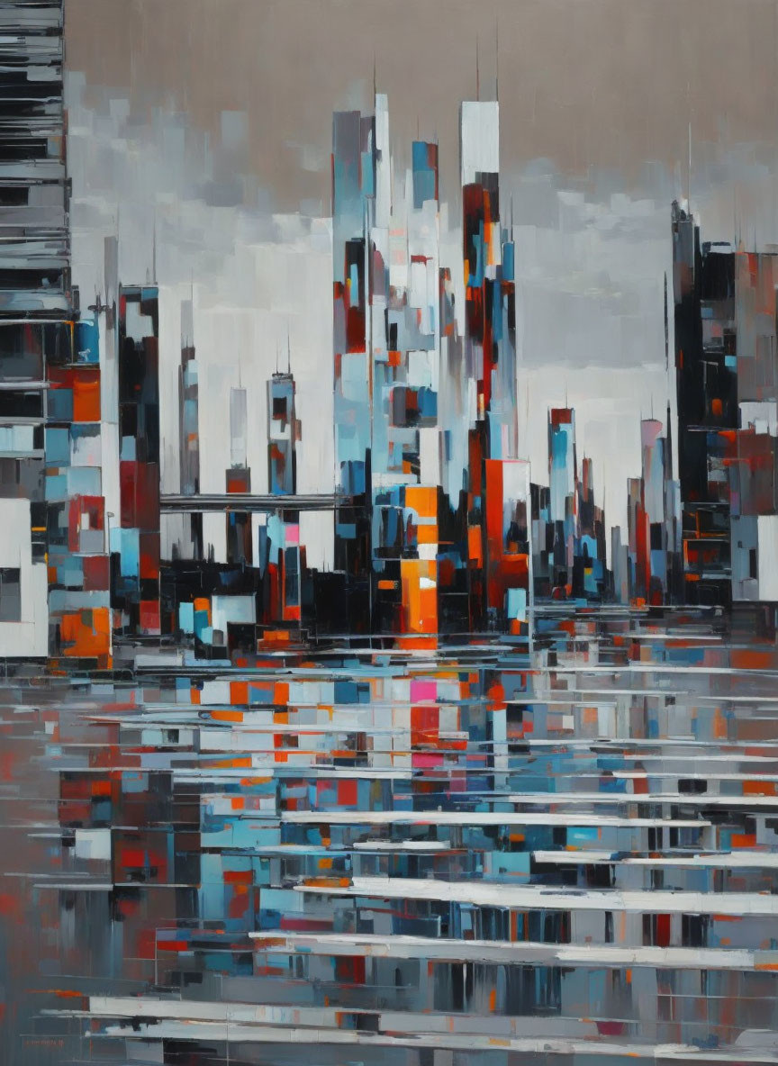 Colorful Abstract Cityscape Painting with Water Reflections