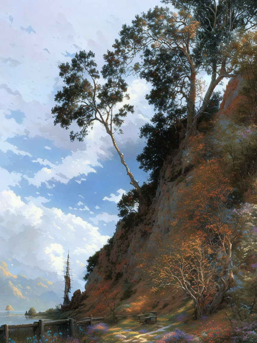 Tranquil landscape with cliff, trees, meadow, and blue sky