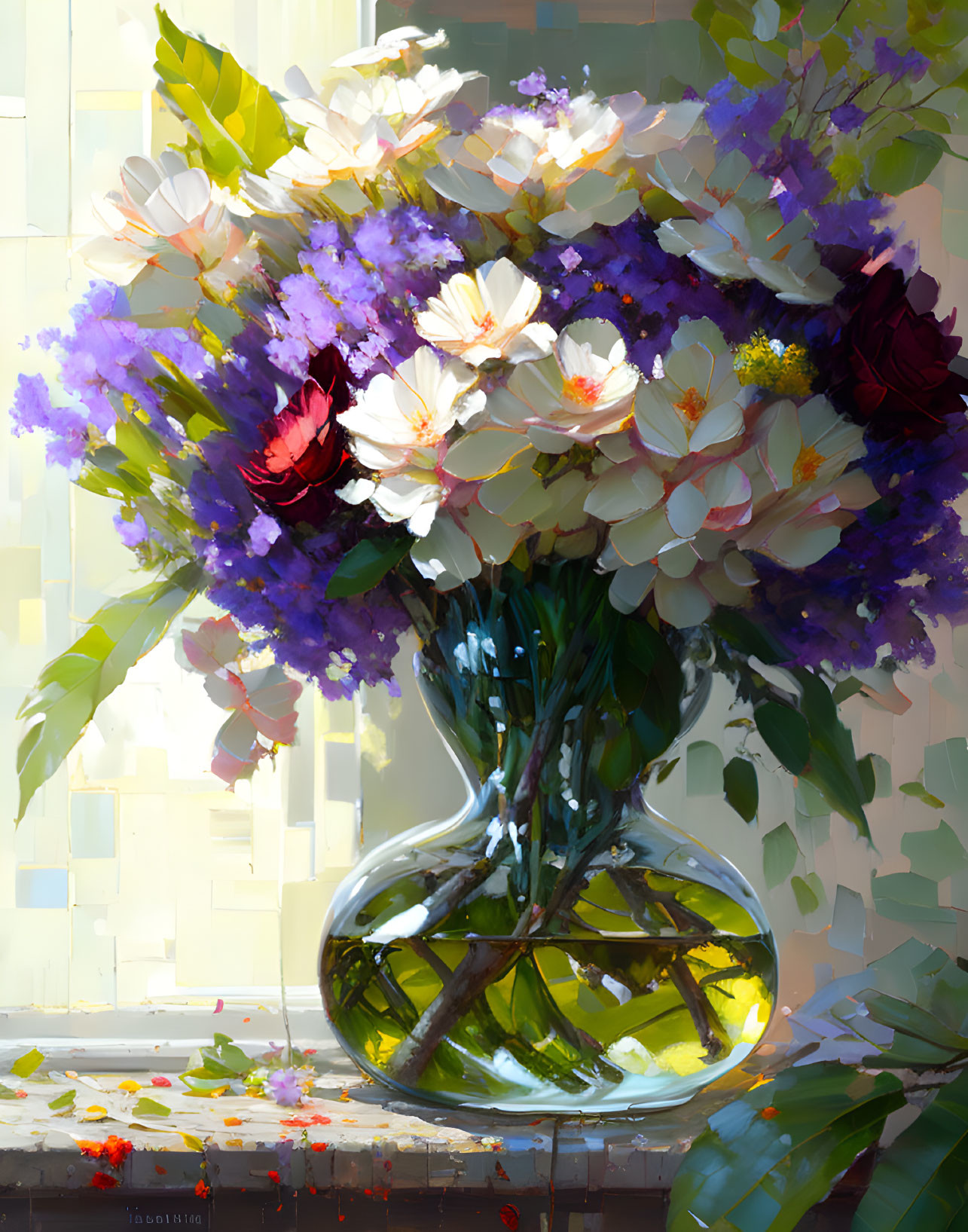 Colorful Flower Bouquet in Glass Vase on Abstract Background