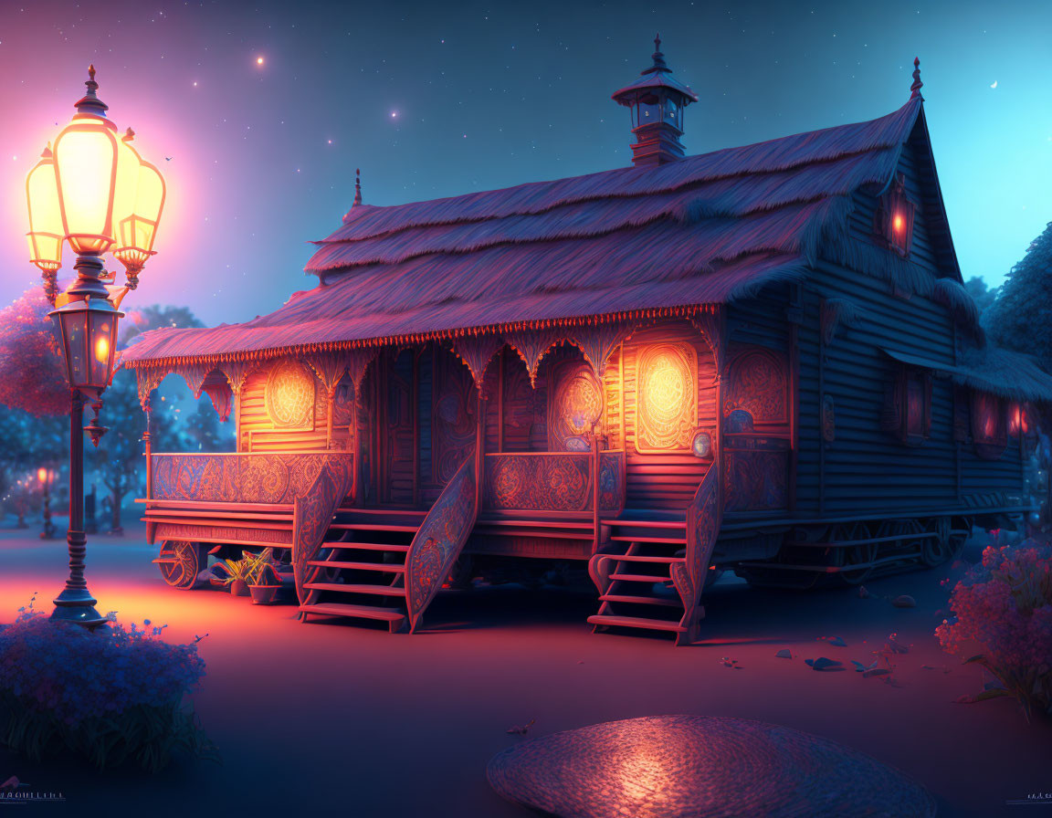 Detailed Wooden House Glowing at Twilight with Vintage Street Lamp