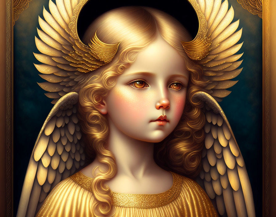 Cherubic figure with golden halo and wings in ornate frame