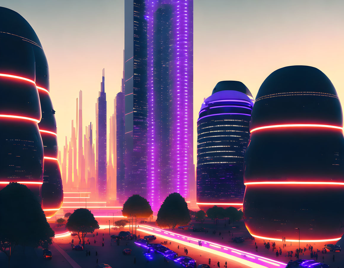 Futuristic cityscape with illuminated skyscrapers and neon lights