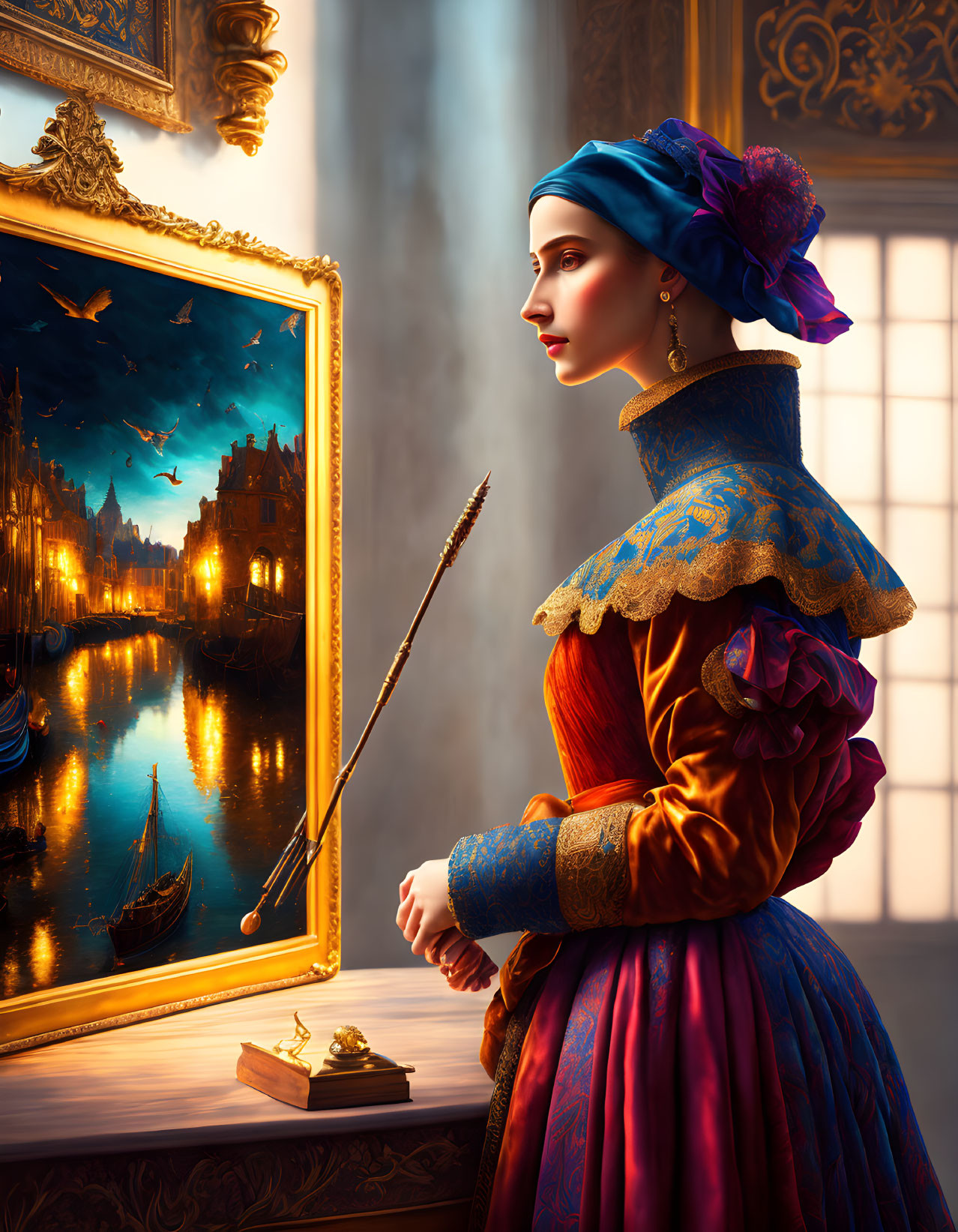 Renaissance woman in vibrant dress with quill by window