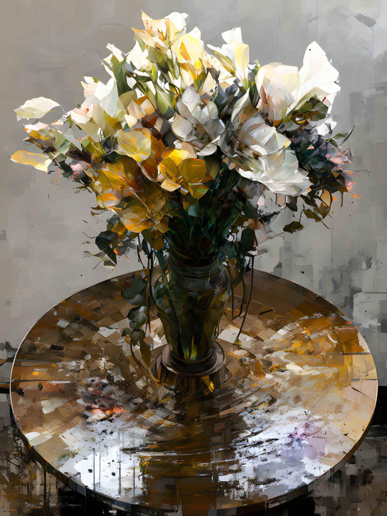 Vibrant digital painting of white and yellow flowers in glass vase