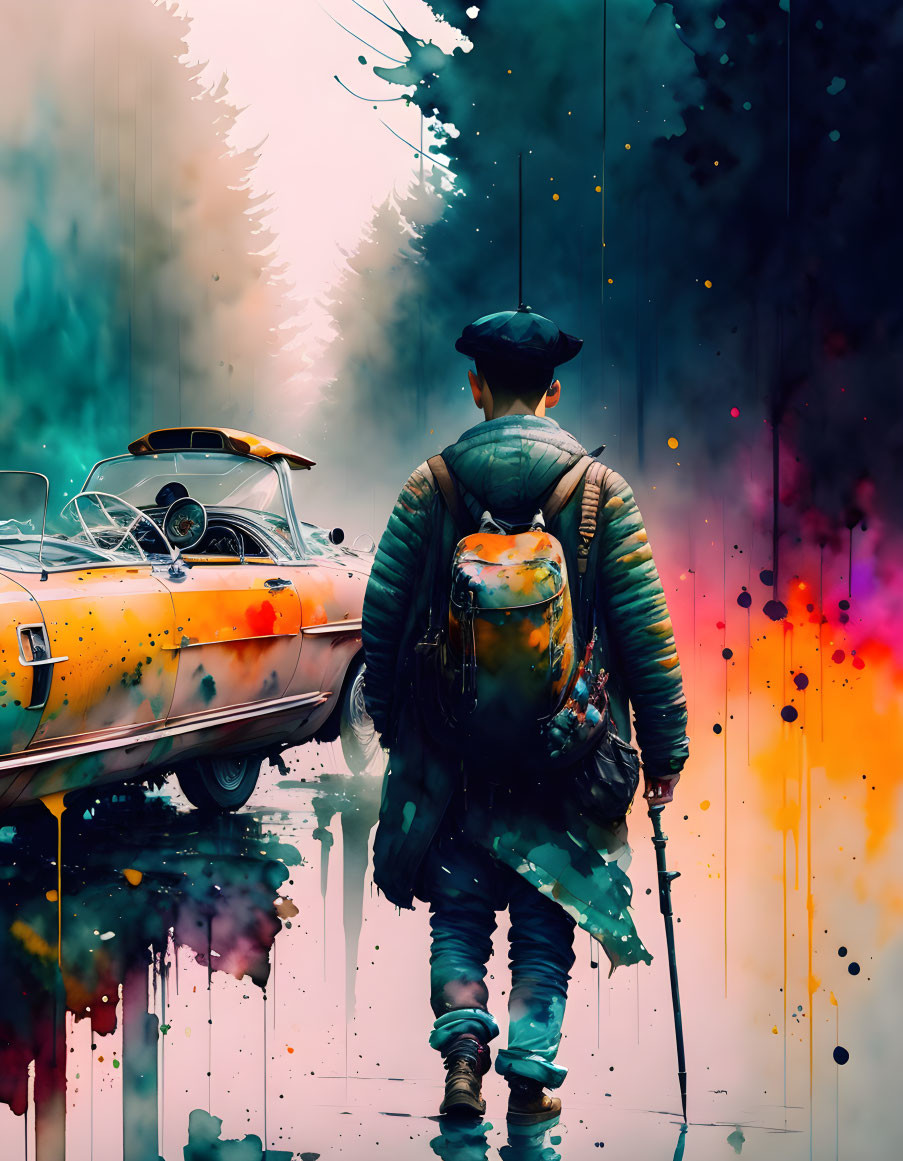 Person walking away from classic car on vibrant, paint-splattered street with misty forest backdrop