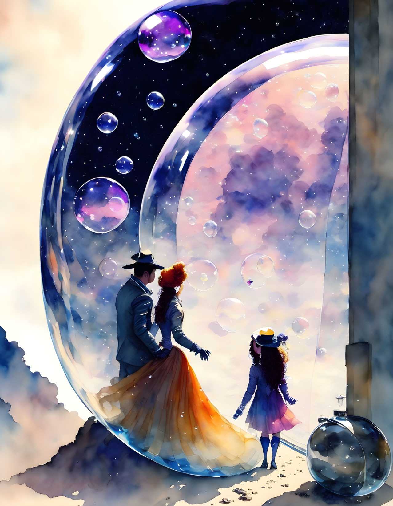 Man and girl in vintage attire by chimney with colorful space-like bubbles and cosmic backdrop.