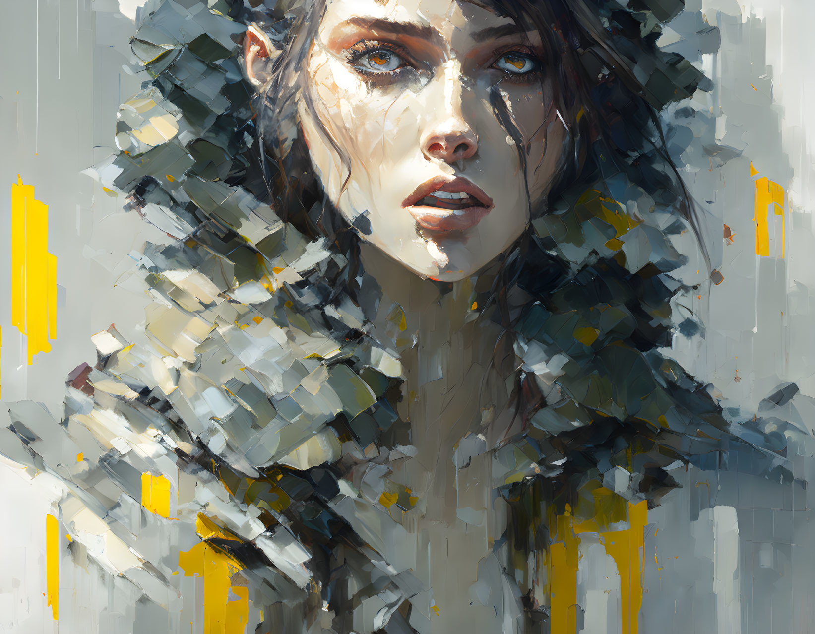 Abstract digital painting of woman in gray, white, and yellow palette