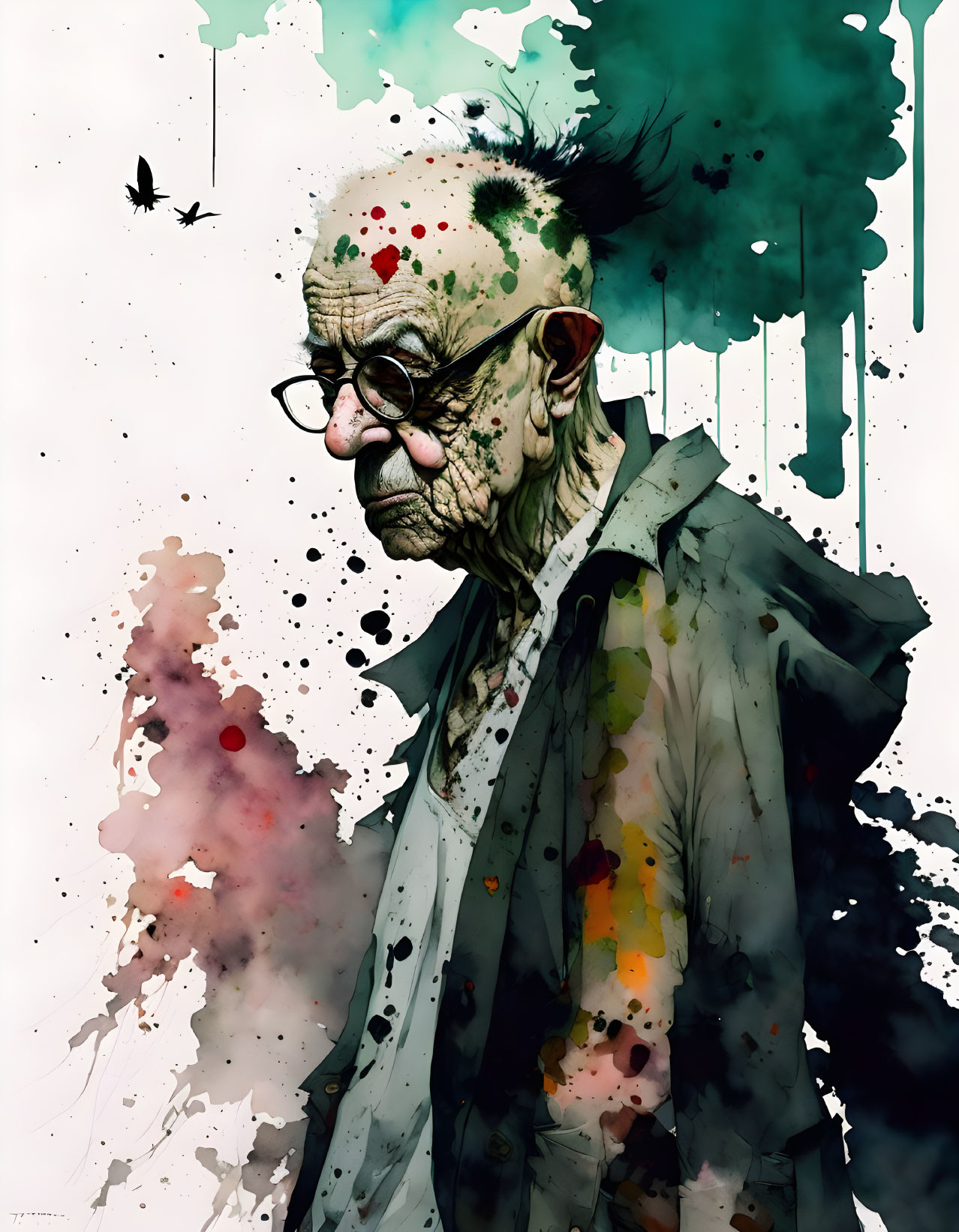 Elderly man portrait with watercolor and ink splashes