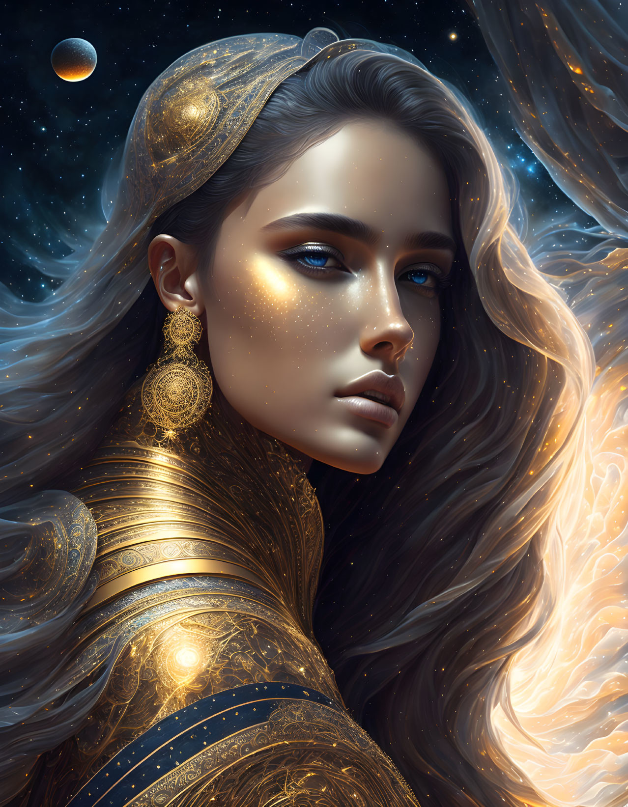 Digital art portrait of woman in ornate gold attire against cosmic background