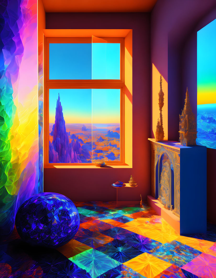 Colorful Geometric Crystal Wall in Vibrant Room with Blue Sphere, Ornate Fireplace, and Desert