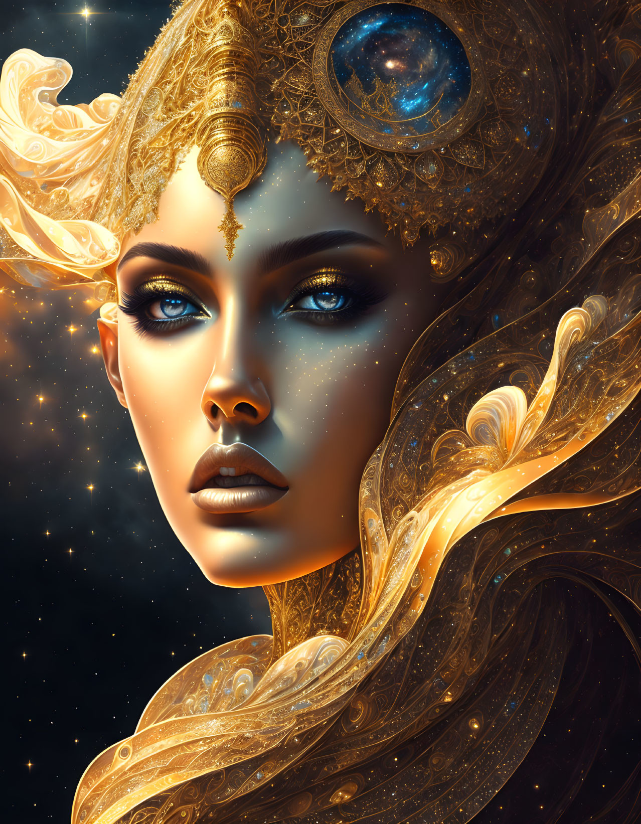 Celestial woman digital artwork with golden headwear and cosmic elements