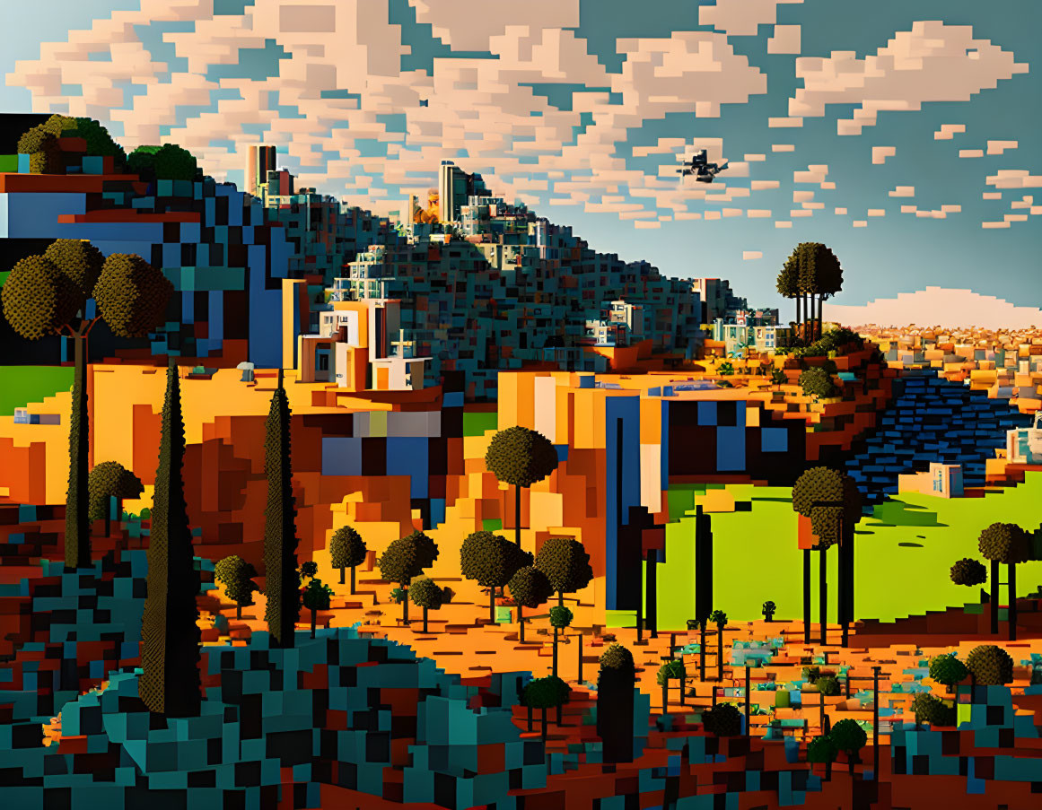 Pixel Art Landscape: Vibrant Town on Terraced Hills, Clear Sky & Flying Vehicle