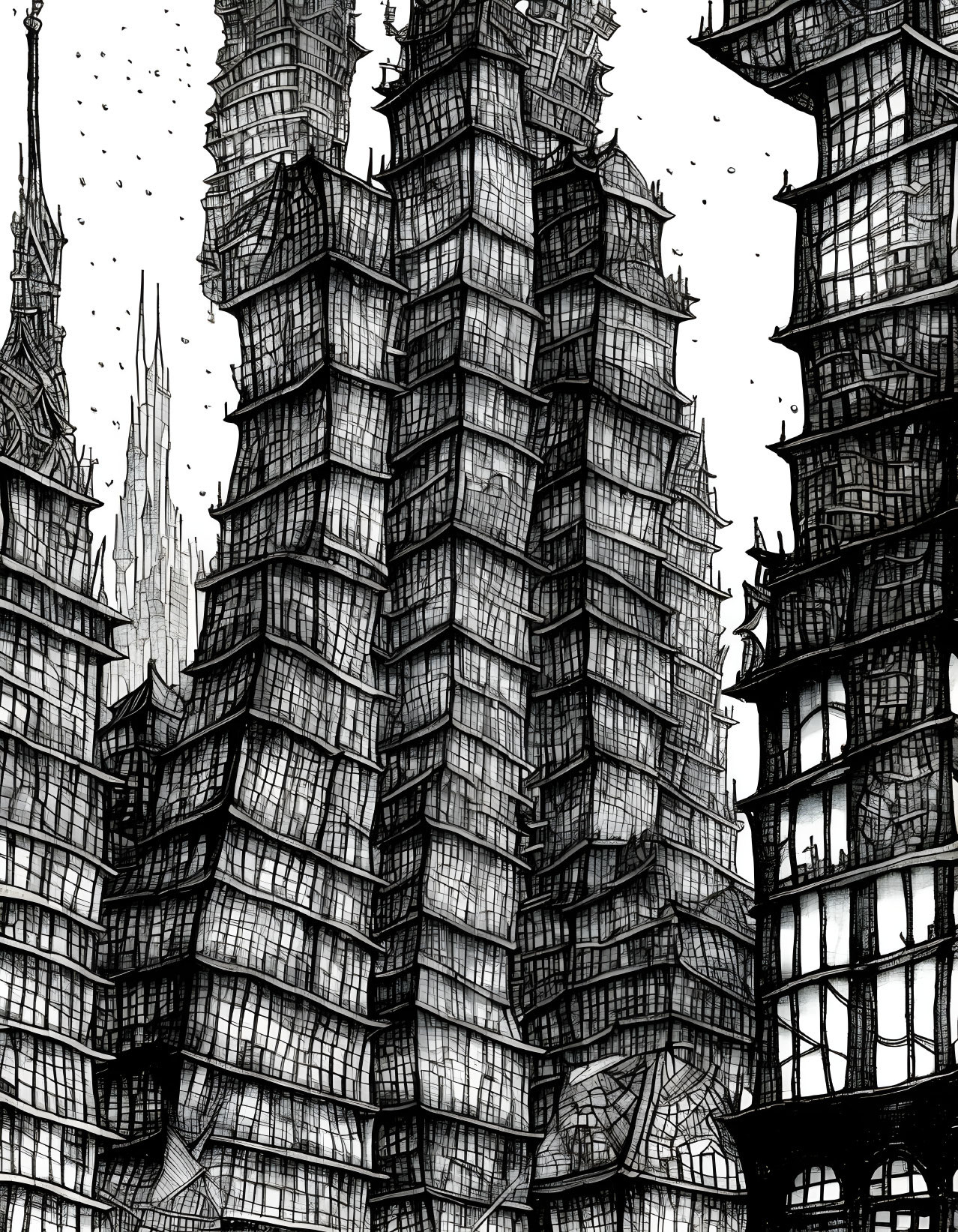 Detailed monochrome skyscraper illustration under rain-dotted sky