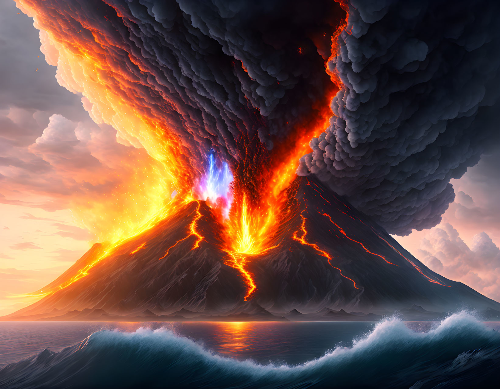 Erupting volcano with fiery lava in tumultuous ocean waves