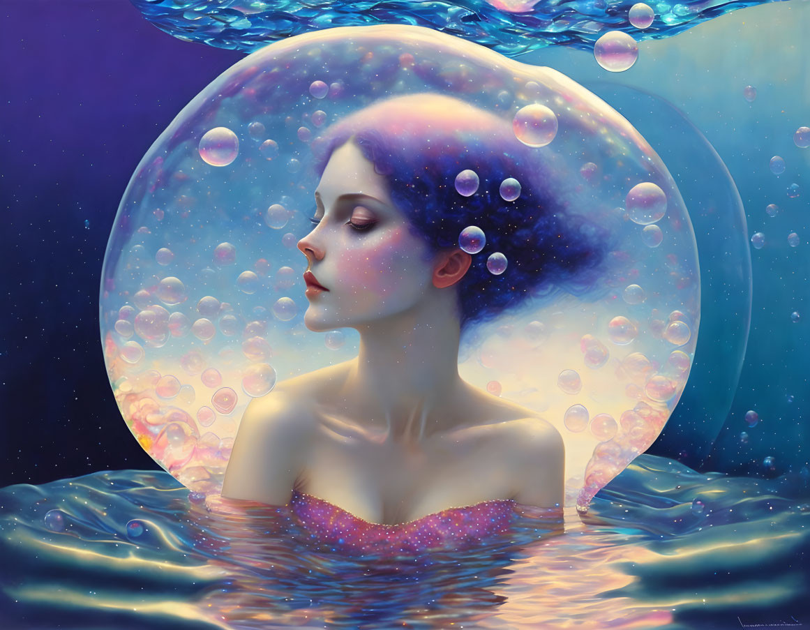 Woman in Water with Bubble Frame and Cosmic Background