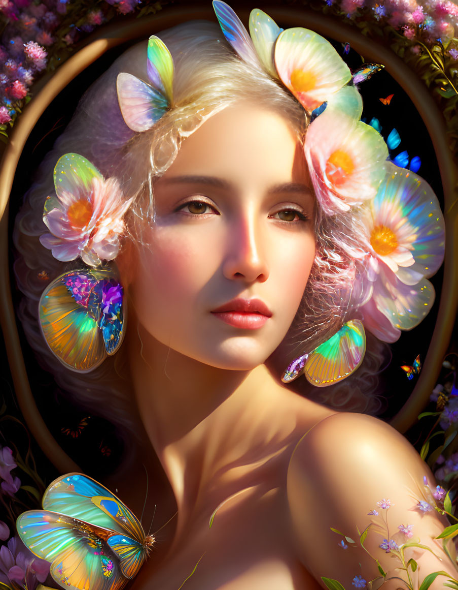 Ethereal woman with butterfly wings in hair, framed by floral oval