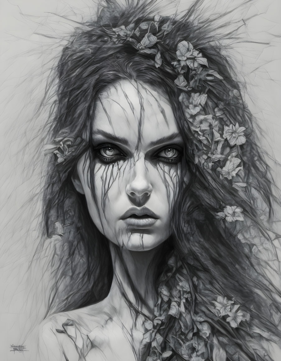 Artistic Portrait with Intense Gaze and Dark Floral Hair Decorations