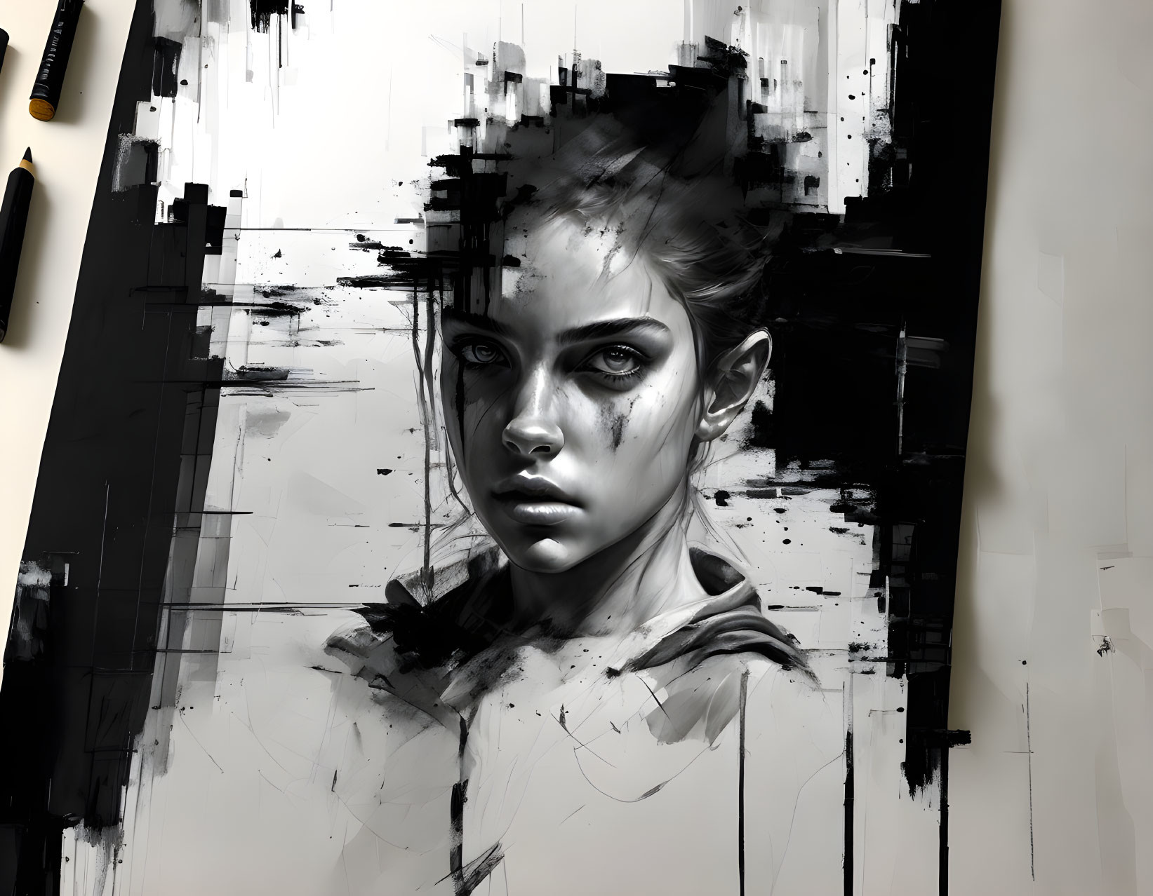 Monochrome digital painting of intense gaze and textured brush strokes