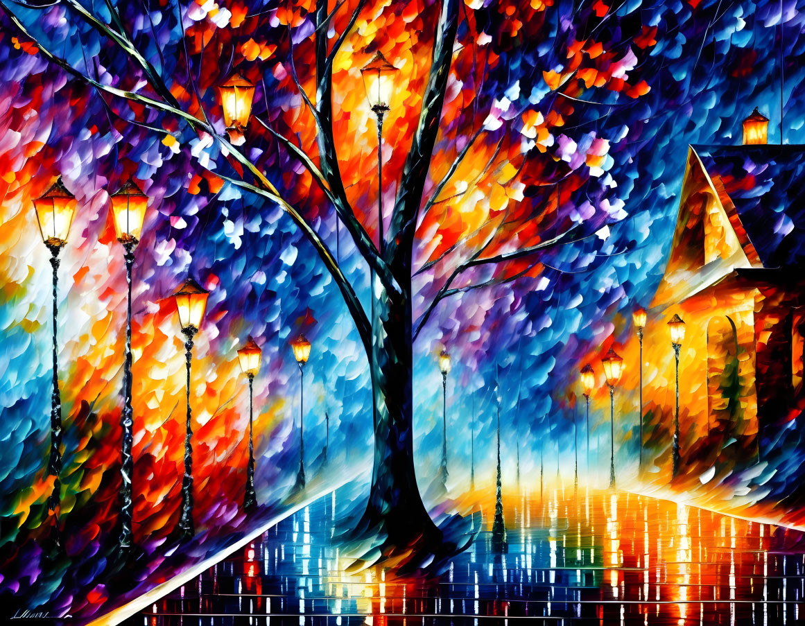 Colorful Impressionistic Painting of Tree and Street Lamps on Wet Pathway