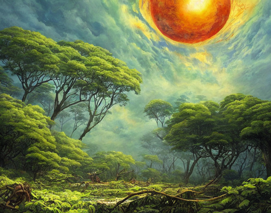 Vibrant forest scene with large red sun, green canopies, and mist