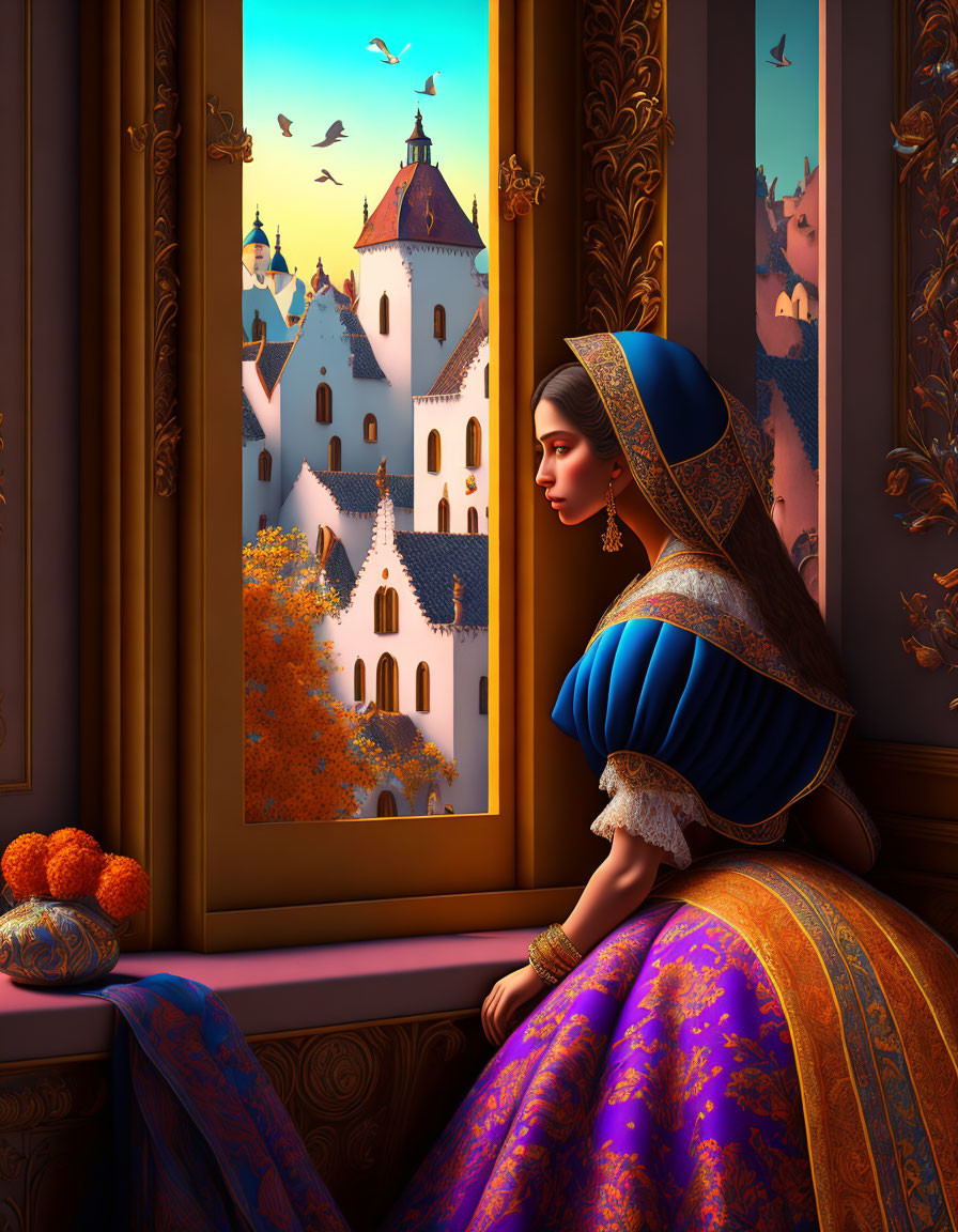 Medieval woman in dress looking out castle window at autumn landscape