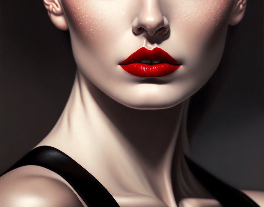 Detailed Close-up of Woman's Lower Face with Bright Red Lipstick