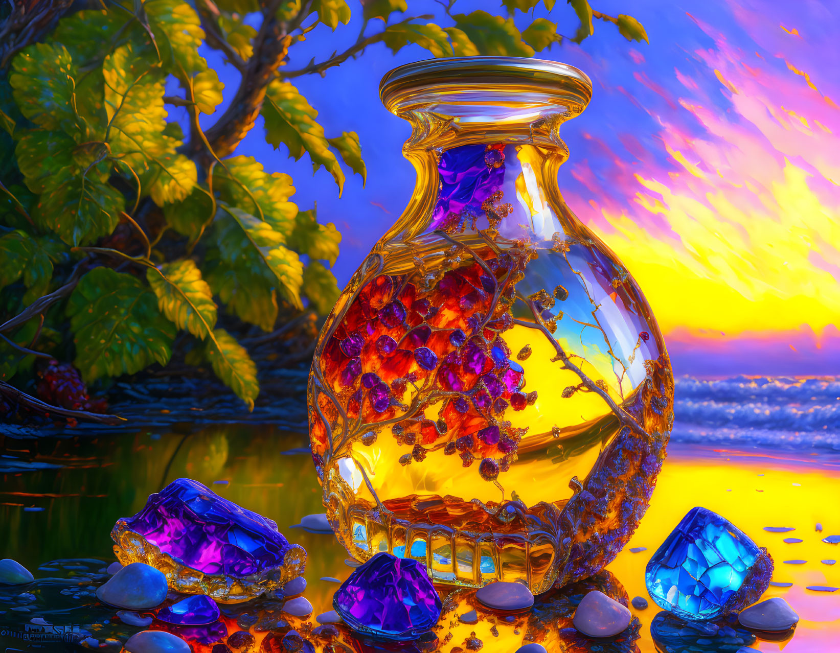 Translucent jar with plants and crystals against sunset sky