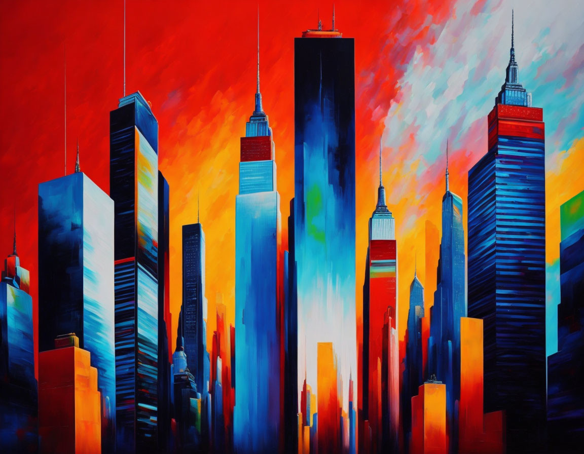 Colorful Stylized City Skyline Painting in Bold Red and Blue Hues