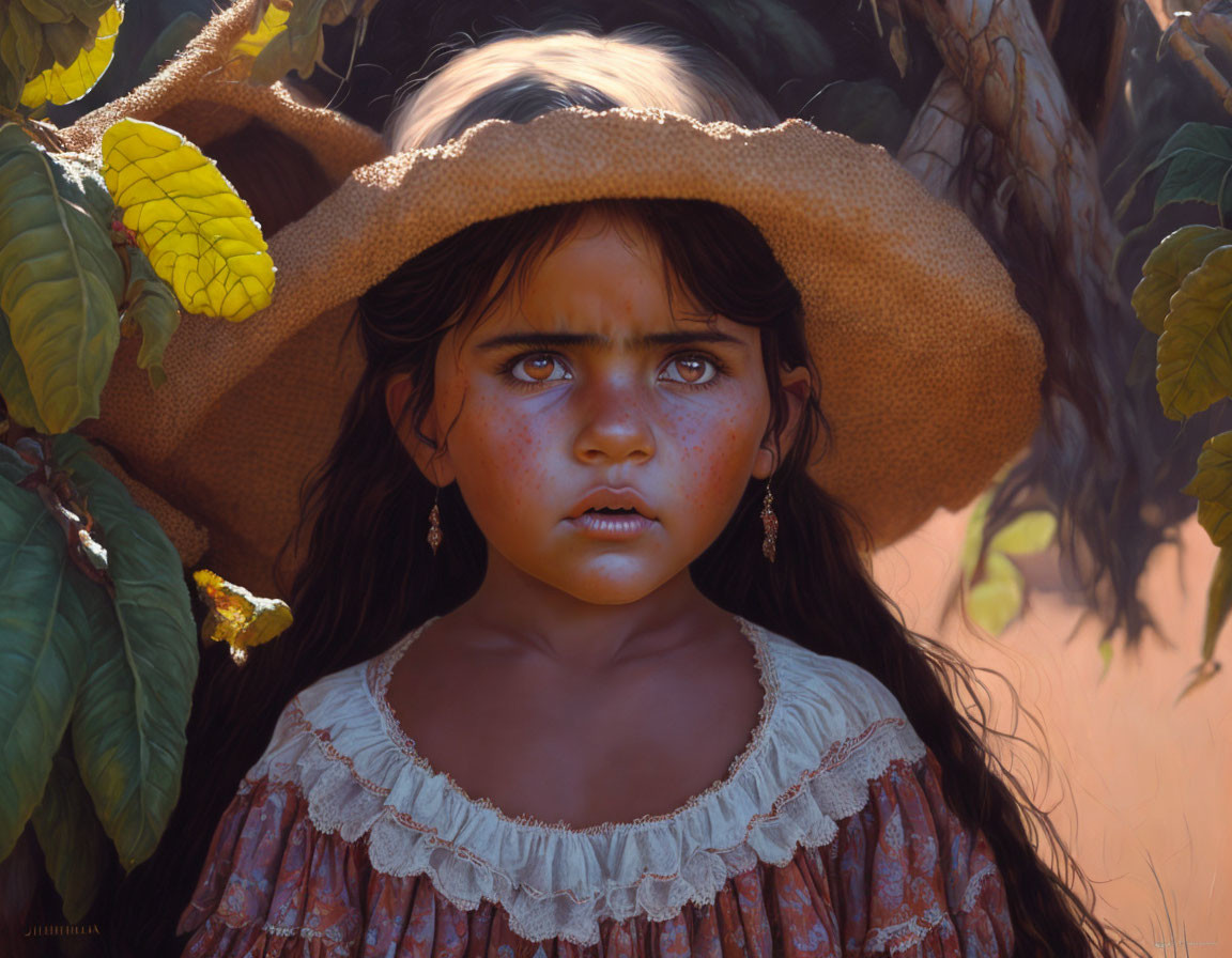 Intense Gaze Young Girl in Large Straw Hat with Sunlit Leaves