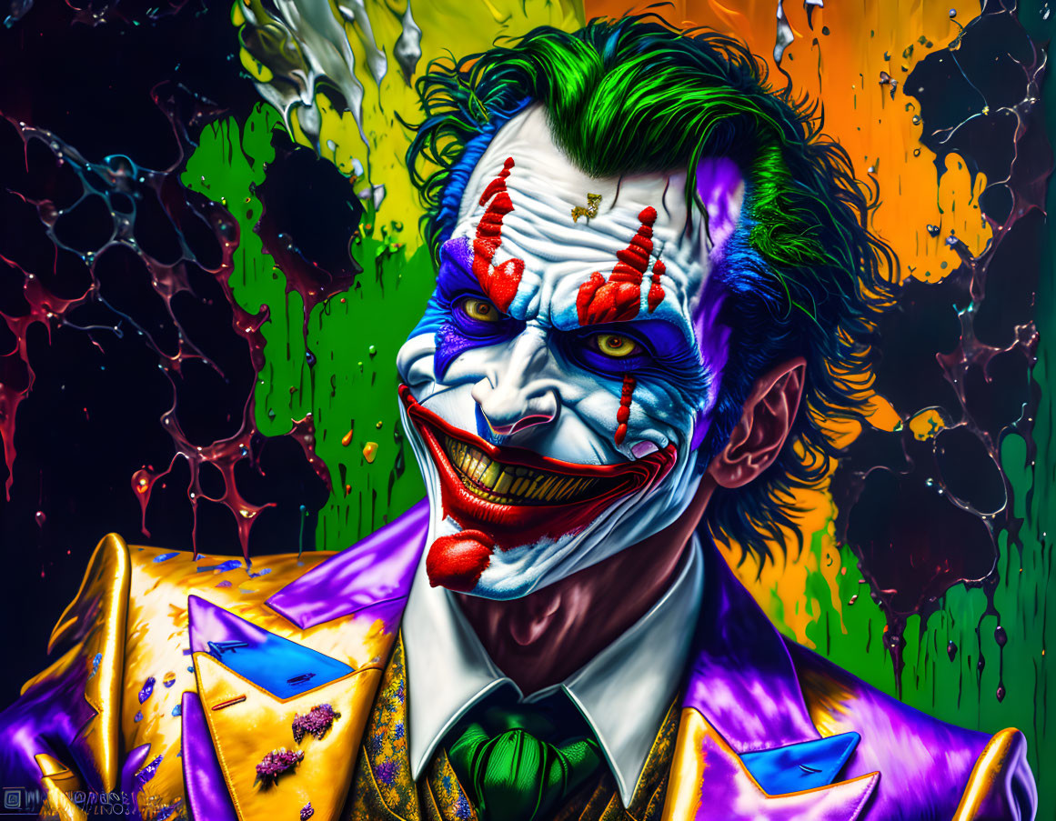 Vibrant Joker artwork with green hair and colorful suit