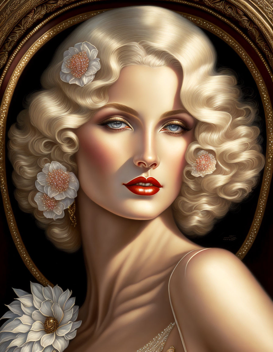 Illustration of woman with voluminous curly blonde hair, blue eyes, red lips, white flowers,