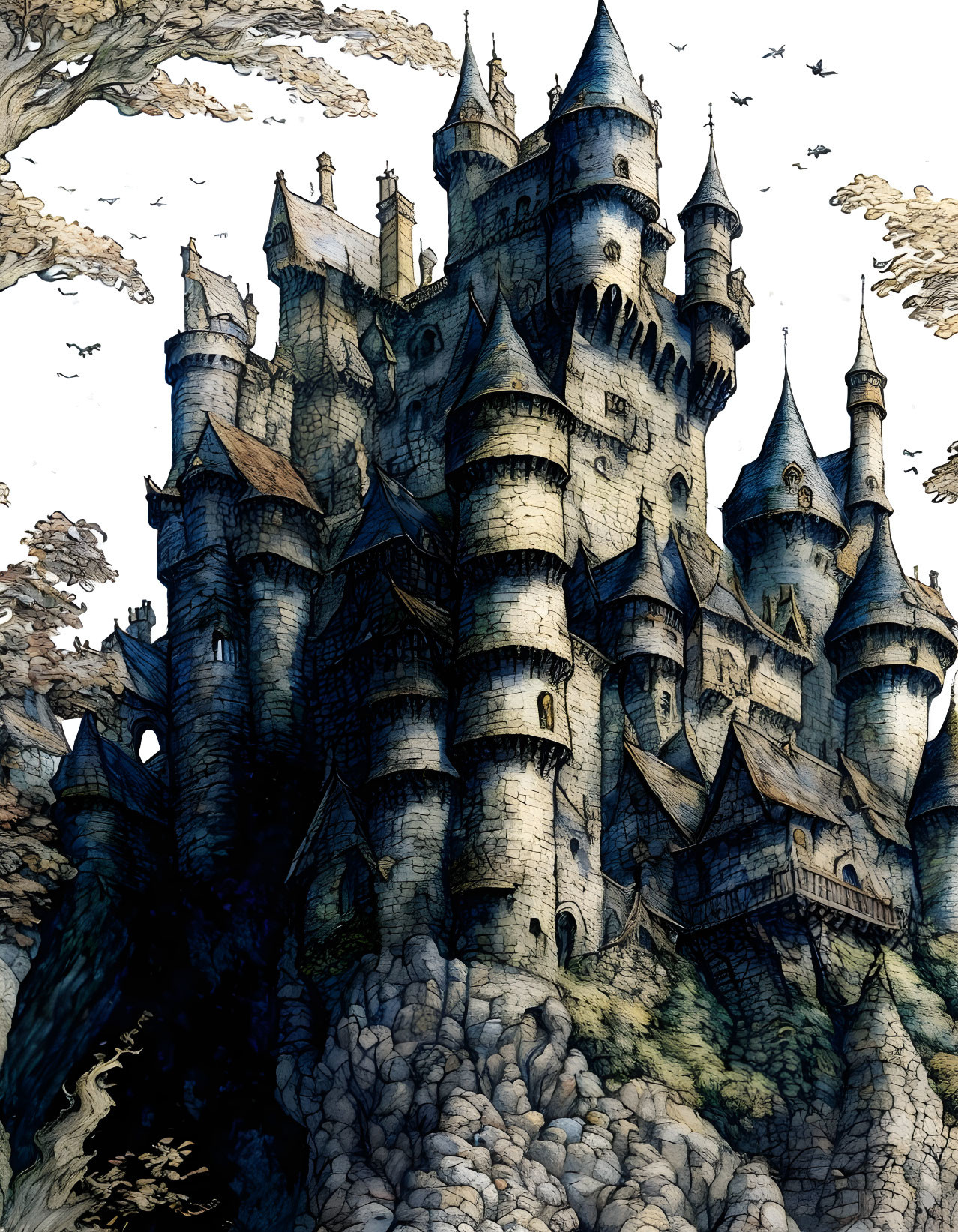 Detailed illustration of a multi-towered castle on a rocky cliff