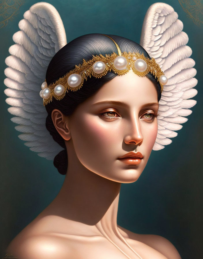 Illustrated portrait of woman with angelic wings, pearl diadem, serene expression, dark hair,