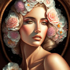 Ethereal woman with butterfly wings in hair, framed by floral oval