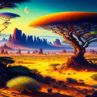 Colorful alien landscape with giant trees, red dunes, and orange ringed planet