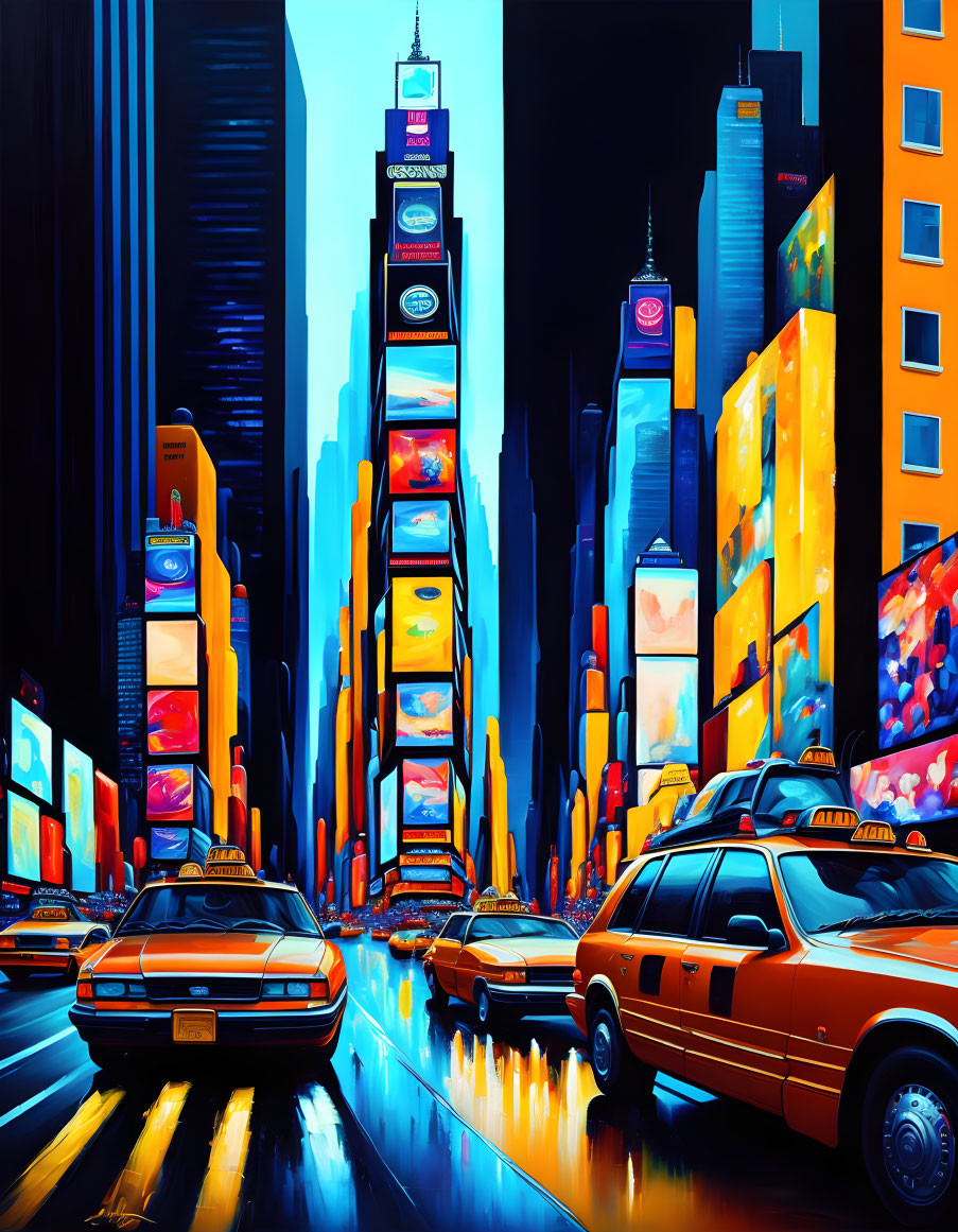 Colorful city street scene with taxis, skyscrapers, and billboards