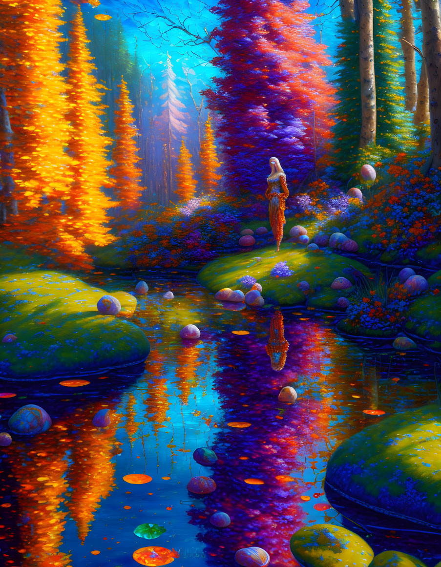 Person Contemplating Colorful Autumn Forest and Serene Pond