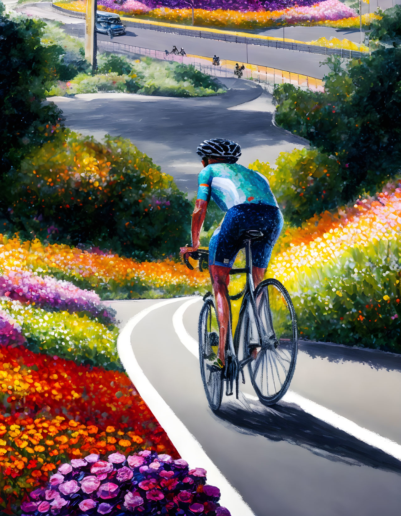 Cyclist in blue on winding road with vibrant flowers