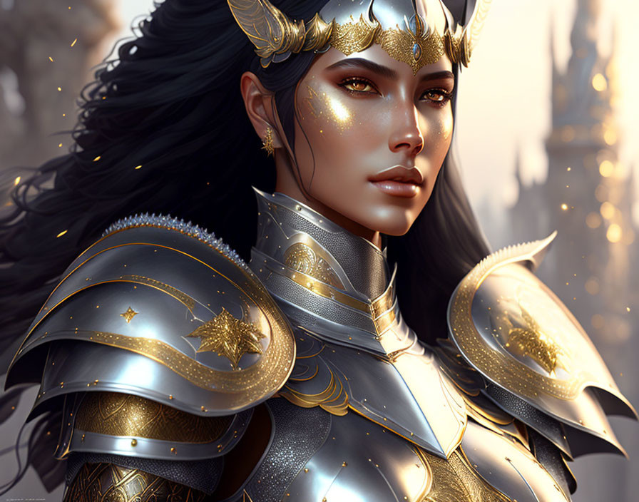 Female warrior digital artwork in ornate armor against fantasy castle.