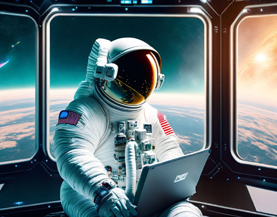 Astronaut in white space suit with reflective helmet uses laptop inside spacecraft orbiting Earth.