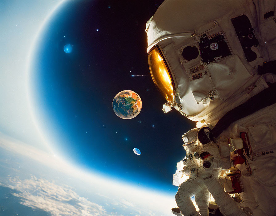 Astronaut in white spacesuit performs extravehicular activity with Earth and Moon in space.