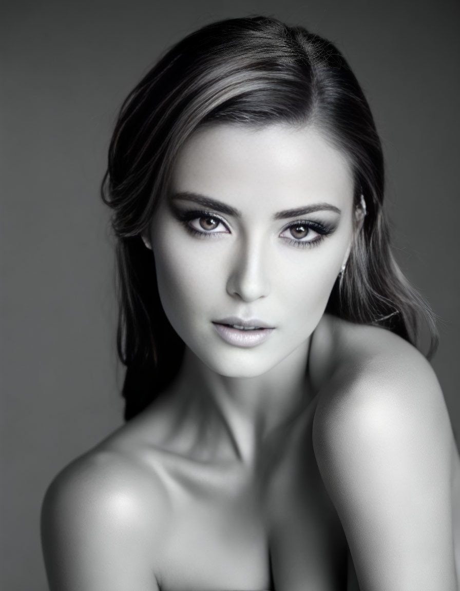 Monochrome portrait of woman with striking eyes and defined makeup