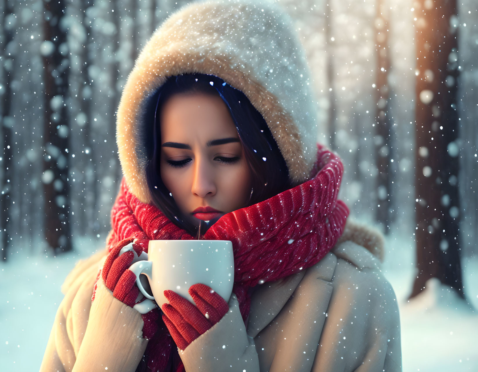 Woman in winter attire holding a mug in snowy forest with falling snowflakes