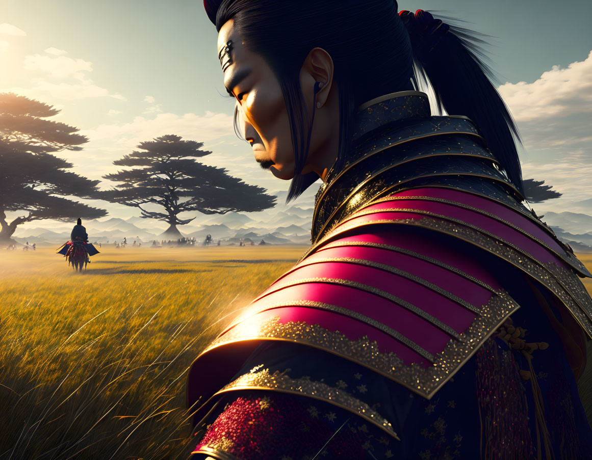 Digital art: Armored Asian warrior with ponytail observing horse rider in field