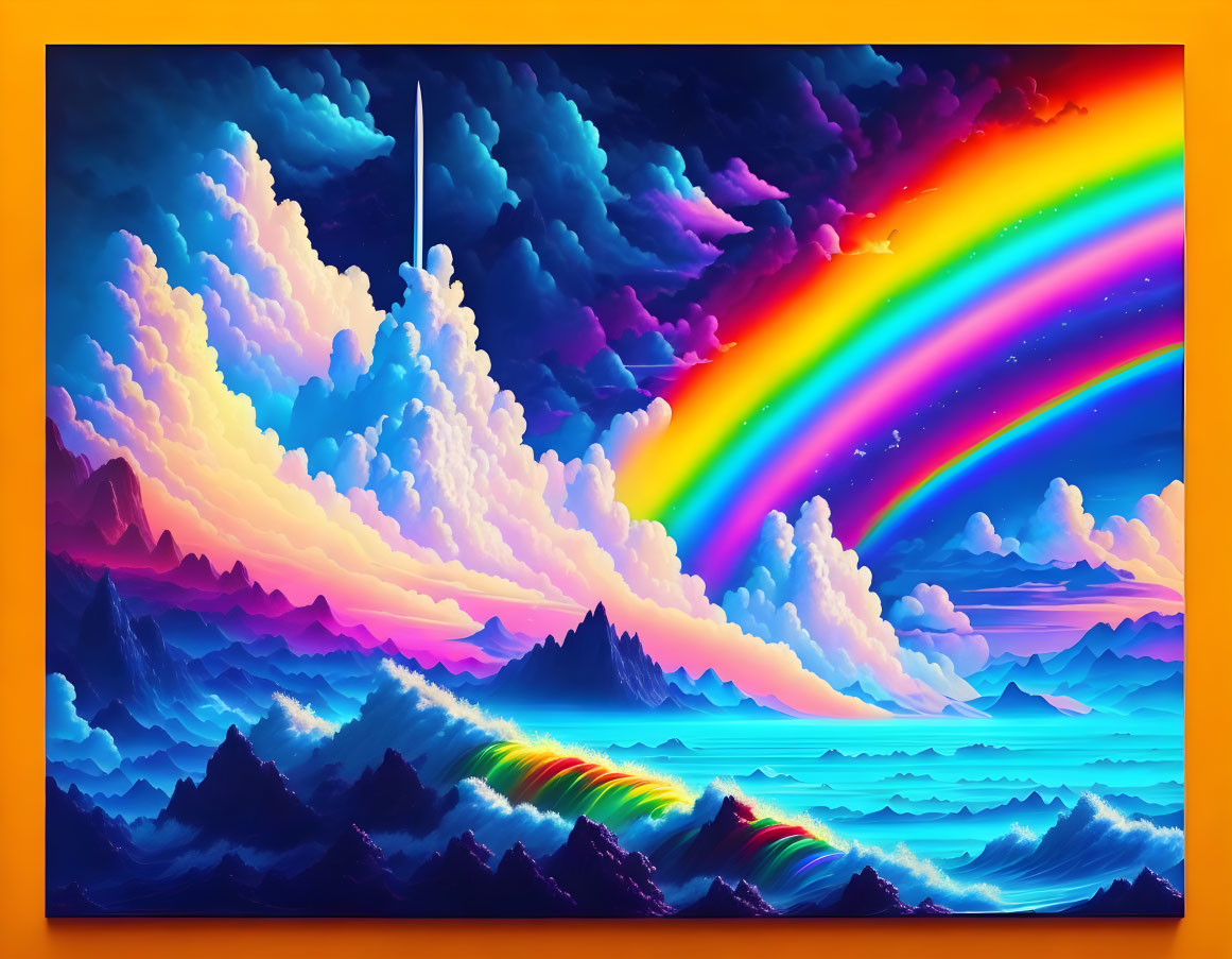 Colorful Surreal Landscape with Rainbow and Light Beam